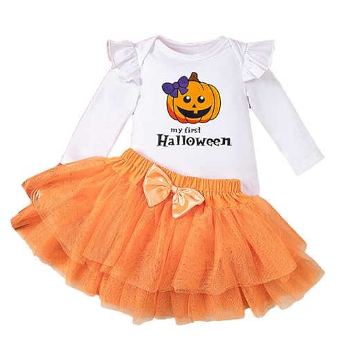 Jugaoge Baby Mädchen Halloween Kostüm Langarm Body Buchstaben Druck Strampler mit Tutu Rock Kleinkinder Party Fotoshooting Outfits Orangefarbener Kürbis 68-74 von Jugaoge