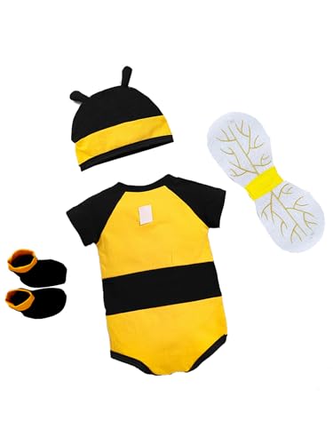 Jugaoge Baby Mädchen Jungen Bienenkostüm Neugeborene Kleidung Set Gelb Schwarz Kurzarm Body + Kappe + Schuhe + Fliege Cosplay Outfits Gelb 50-56 von Jugaoge