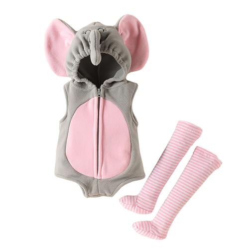 Jugaoge Baby Mädchen Tier Kostüm Plüsch Body Strampler mit Elefant Kopf Kapuze + Streifen Kniestrümpfe Lange Socken Cosplay Outfits Grau und Rosa 74-80 von Jugaoge