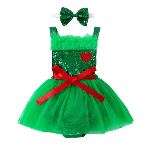 Jugaoge Baby Mädchen Weihnachten Kostüm Ärmellos Strampler Body Tutu Kleider mit Glitzer Haarband Kleinkinder Festliche Weihnachtskleider Grün 68-80 von Jugaoge