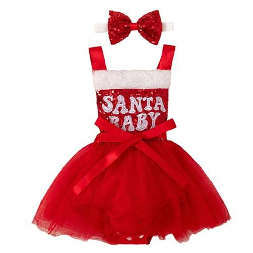 Jugaoge Baby Mädchen Weihnachten Kostüm Ärmellos Strampler Body Tutu Kleider mit Glitzer Haarband Kleinkinder Festliche Weihnachtskleider Rot 68-80 von Jugaoge