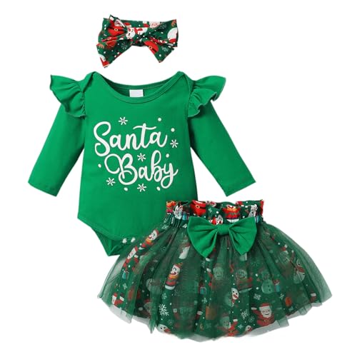 Jugaoge Babykostüm Weihnachten Kostüm Langarm Body mit Santa Baby Spruch und Elastische Taille Tutu Rock mit Bowknot Haarband Xmas Outfits Grün 50-56 von Jugaoge