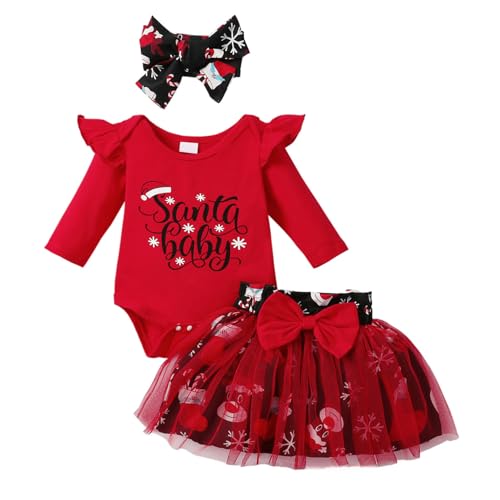 Jugaoge Babykostüm Weihnachten Kostüm Langarm Body mit Santa Baby Spruch und Elastische Taille Tutu Rock mit Bowknot Haarband Xmas Outfits Rot 50-56 von Jugaoge