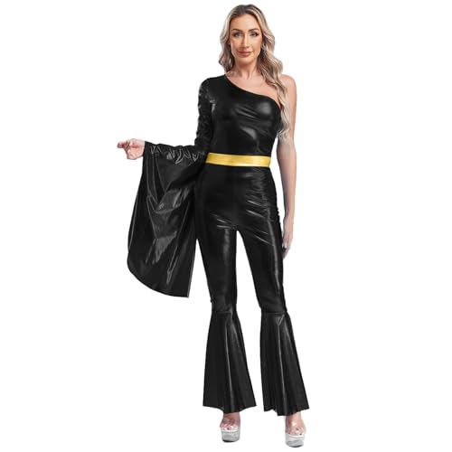 Jugaoge Damen 70er Jahre Disco Tanzkostüm One Shoulder Langarm Bodysuit Ausgestellte Glocken Ärmel und Bein Glänzend Metallic Jumpsuit Dancewear Schwarz M von Jugaoge