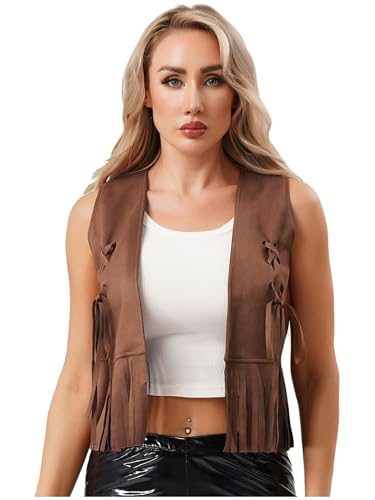 Jugaoge Damen 70er Jahre Outfits Wildleder Weste Ärmellose Open Front Gilet mit Fransen Vintage Retro Hippie Kostüm Halloween Fasching Karneal Umber M Jugaoge Damen 70er Jahre Outfits Wildleder Weste Ärmellose Open Front Gilet mit Fransen Vintage Retro Hippie Kostüm Halloween Fasching Karneal Umber M von Jugaoge