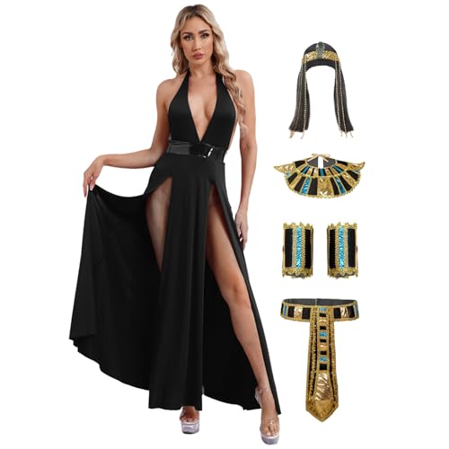 Jugaoge Damen Ägyptische Königin Kostüm mit Perücke Kragen Armbändern und Gürtel Neckholder Rückenfrei Kleid Tiefer V Ausschnitt Partykleid Schwarz 3XL von Jugaoge