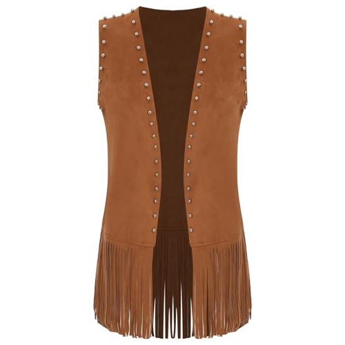 Jugaoge Damen Ärmellose Wildleder Weste mit Fransen Gilet Kurz Vest 60er 70er Kleidung Halloween Party Hippie Kostüm Outfits Braun L von Jugaoge