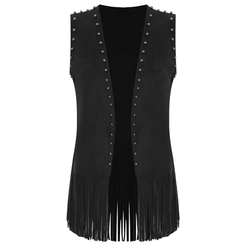 Jugaoge Damen Ärmellose Wildleder Weste mit Fransen Gilet Kurz Vest 60er 70er Kleidung Halloween Party Hippie Kostüm Outfits Schwarz M von Jugaoge