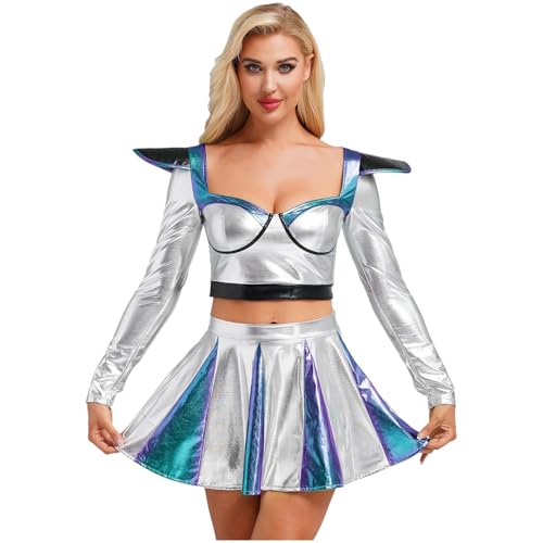 Jugaoge Damen Alien Kostüm Astronauten Kleid Kurzarm Crop Top Farbblock Faltenrock Skaterrock Zweiteiler Halloween Cosplay Outfit Blau XL von Jugaoge