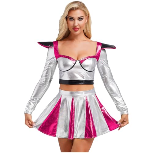 Jugaoge Damen Alien Kostüm Astronauten Kleid Kurzarm Crop Top Farbblock Faltenrock Skaterrock Zweiteiler Halloween Cosplay Outfit Hot Pink XL von Jugaoge