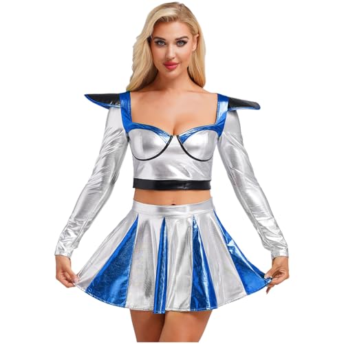 Jugaoge Damen Alien Kostüm Astronauten Kleid Kurzarm Crop Top Farbblock Faltenrock Skaterrock Zweiteiler Halloween Cosplay Outfit Königsblau S von Jugaoge