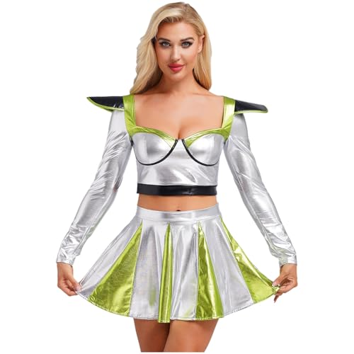 Jugaoge Damen Alien Kostüm Astronauten Kleid Kurzarm Crop Top Farbblock Faltenrock Skaterrock Zweiteiler Halloween Cosplay Outfit Leuchtendes Grün M von Jugaoge