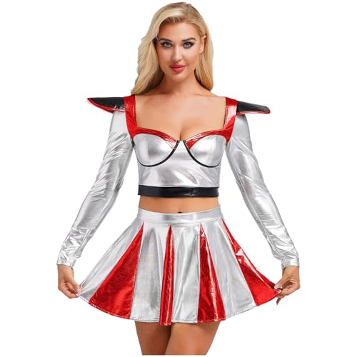 Jugaoge Damen Alien Kostüm Astronauten Kleid Kurzarm Crop Top Farbblock Faltenrock Skaterrock Zweiteiler Halloween Cosplay Outfit Rot L von Jugaoge