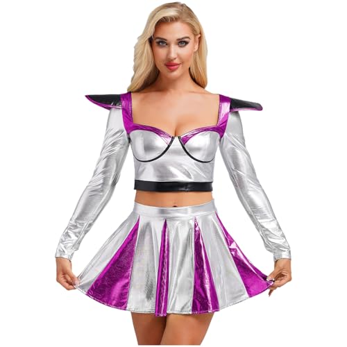 Jugaoge Damen Alien Kostüm Astronauten Kleid Kurzarm Crop Top Farbblock Faltenrock Skaterrock Zweiteiler Halloween Cosplay Outfit Violett S von Jugaoge