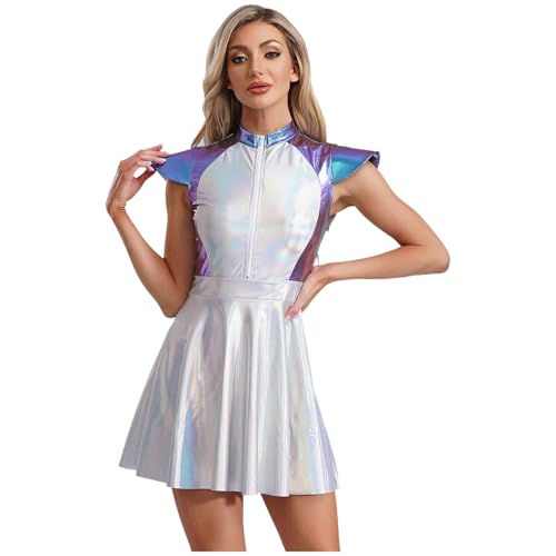 Jugaoge Damen Alien Kostüm Metallic Astronauten Kleid Kurzarm Skaterkleid mit Farbblock Ausgestellt Rock Halloween Cosplay Weltraum Outfit Blau 4XL von Jugaoge