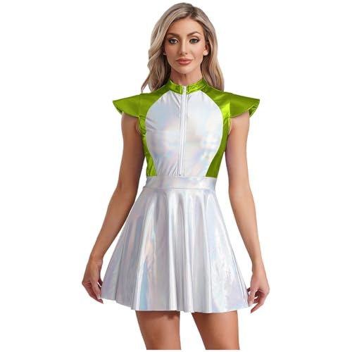 Jugaoge Damen Alien Kostüm Metallic Astronauten Kleid Kurzarm Skaterkleid mit Farbblock Ausgestellt Rock Halloween Cosplay Weltraum Outfit Grün S von Jugaoge