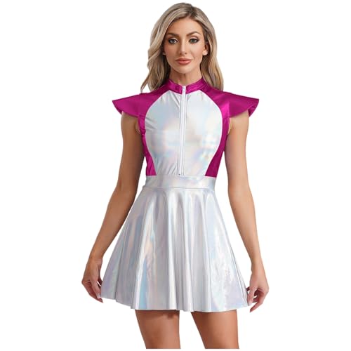 Jugaoge Damen Alien Kostüm Metallic Astronauten Kleid Kurzarm Skaterkleid mit Farbblock Ausgestellt Rock Halloween Cosplay Weltraum Outfit Hot Pink XXL von Jugaoge