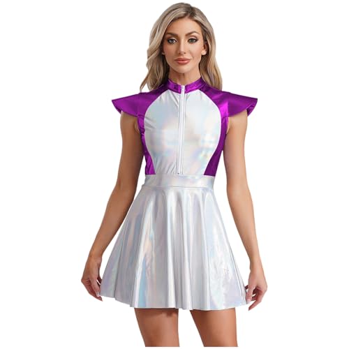 Jugaoge Damen Alien Kostüm Metallic Astronauten Kleid Kurzarm Skaterkleid mit Farbblock Ausgestellt Rock Halloween Cosplay Weltraum Outfit Violett 4XL von Jugaoge