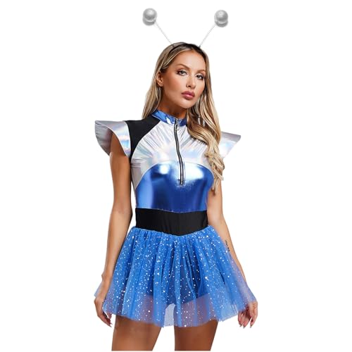 Jugaoge Damen Alien Kostüm Weltraum Kämpfer Leotard Astronaut Body Metallic Gymnastikanzug Tutu Kleid mit Haarreifen Außerirdischer Cosplay Outfit Blau 4XL von Jugaoge