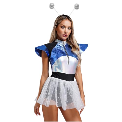 Jugaoge Damen Alien Kostüm Weltraum Kämpfer Leotard Astronaut Body Metallic Gymnastikanzug Tutu Kleid mit Haarreifen Außerirdischer Cosplay Outfit Silber XXL von Jugaoge