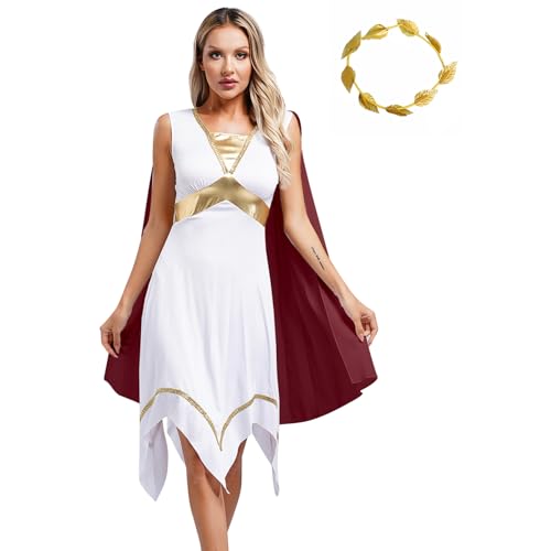 Jugaoge Damen Altgriechisch Römer Kleid Unregelmäßig Partykleider mit Umhang Blätter Haarband Elegant Toga Tunika Tanzkleider gr. S-4XL Burgundy S von Jugaoge