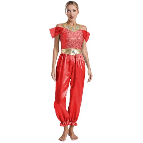 Jugaoge Damen Arabische Prinzessin Cosplay Kostüm ​​Pailletten Off Shoulder Jumpsuit Overall Weites Bein Hose Bauchtanz Outfits Halloween Outfits gr. S-4XL Rot XL von Jugaoge