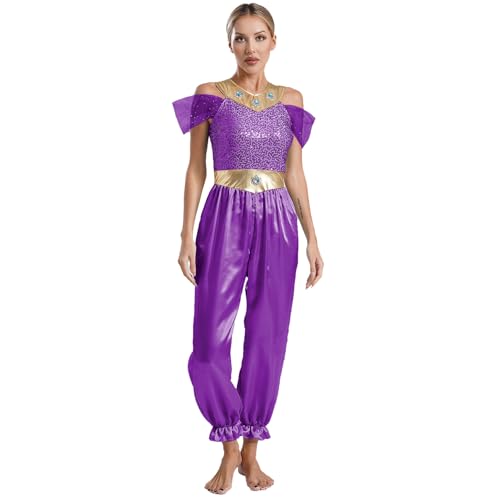 Jugaoge Damen Arabische Prinzessin Cosplay Kostüm ​​Pailletten Off Shoulder Jumpsuit Overall Weites Bein Hose Bauchtanz Outfits Halloween Outfits gr. S-4XL Violett L von Jugaoge