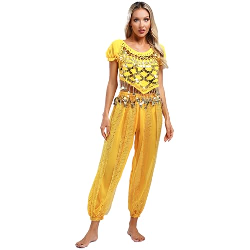 Jugaoge Damen Bauchtanz Kleidung Set Kurzarm Crop Top Münzen Pailletten Oberteil Tanzshirt und Weites Bein Tanzhose Tänzerin Outfits Gelb Einheitsgröße von Jugaoge