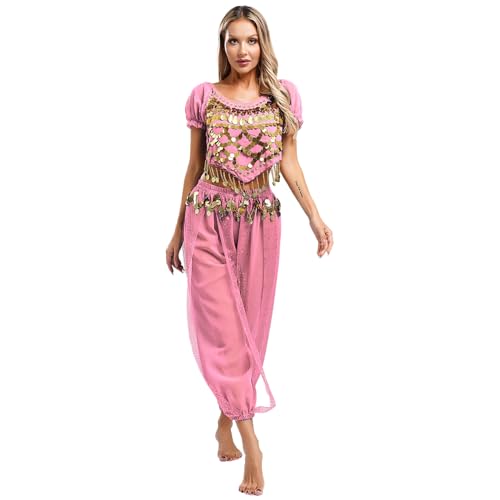 Jugaoge Damen Bauchtanz Kleidung Set Kurzarm Crop Top Münzen Pailletten Oberteil Tanzshirt und Weites Bein Tanzhose Tänzerin Outfits Rosa Einheitsgröße von Jugaoge