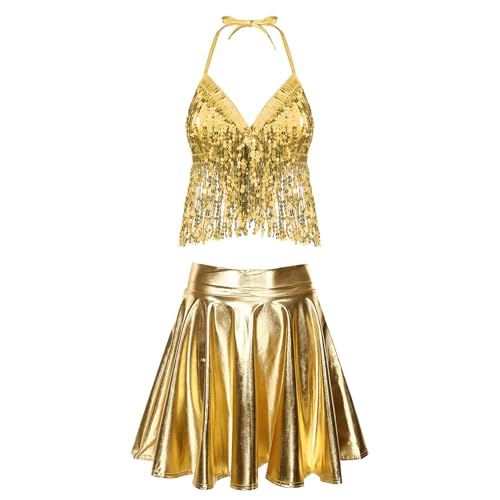 Jugaoge Damen Bauchtanz Kostüm Neckholder Pailletten BH Fransen Bra und High Waist Lack Leder Optik Rock mit Falten Zweiteiler Tanzbekleidung Dancewear Gold M von Jugaoge