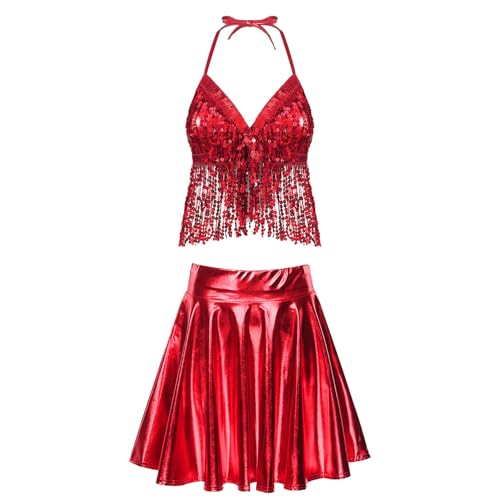 Jugaoge Damen Bauchtanz Kostüm Neckholder Pailletten BH Fransen Bra und High Waist Lack Leder Optik Rock mit Falten Zweiteiler Tanzbekleidung Dancewear Rot L von Jugaoge