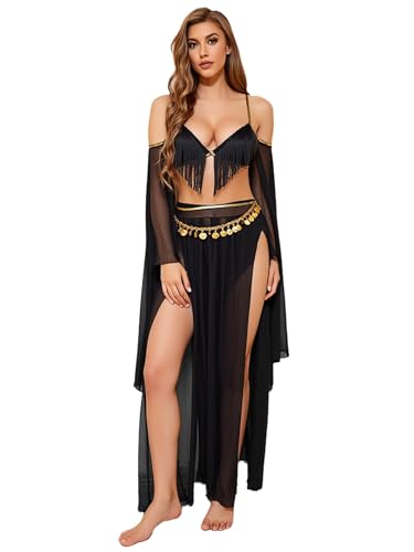 Jugaoge Damen Bauchtanz Kostüm Spaghettiträger BH Crop Top mit Fransen Anhänger und Langer Tanzrock mit Schlitz + Handschuhe und Slip 4 Pcs Tanzbekleidung Schwarz M Jugaoge Damen Bauchtanz Kostüm Spaghettiträger BH Crop Top mit Fransen Anhänger und Langer Tanzrock mit Schlitz + Handschuhe und Slip 4 Pcs Tanzbekleidung Schwarz M von Jugaoge