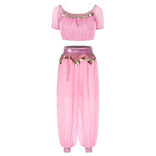 Jugaoge Damen Bauchtanz Outfit Kurzarm Puffärmel Crop Top mit Metallic Taille mit Münzen Schlitz Bloomers Baggy Pants Halloween Motto Party Bekleidung Rosa Einheitsgröße von Jugaoge