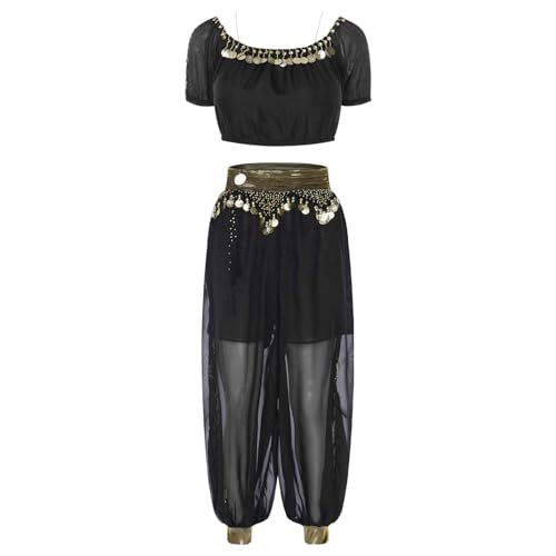 Jugaoge Damen Bauchtanz Outfit Kurzarm Puffärmel Crop Top mit Metallic Taille mit Münzen Schlitz Bloomers Baggy Pants Halloween Motto Party Bekleidung Schwarz Einheitsgröße von Jugaoge