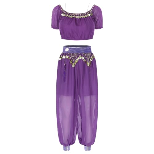 Jugaoge Damen Bauchtanz Outfit Kurzarm Puffärmel Crop Top mit Metallic Taille mit Münzen Schlitz Bloomers Baggy Pants Halloween Motto Party Bekleidung Violett Einheitsgröße von Jugaoge