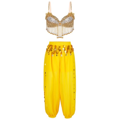 Jugaoge Damen Bauchtanz Outfit Pailletten BH Fransen Crop Top + Bloomers Baggy Pants mit Münzen Halloween Motto Party Bekleidung Gold Einheitsgröße von Jugaoge