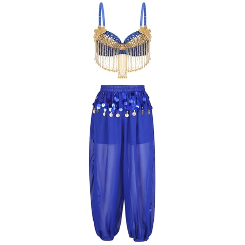 Jugaoge Damen Bauchtanz Outfit Pailletten BH Fransen Crop Top + Bloomers Baggy Pants mit Münzen Halloween Motto Party Bekleidung Königsblau Einheitsgröße von Jugaoge