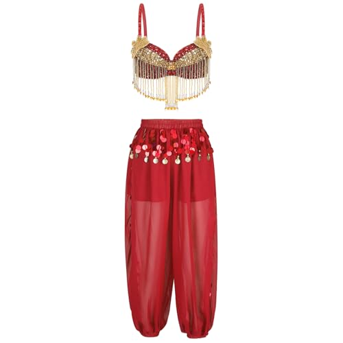 Jugaoge Damen Bauchtanz Outfit Pailletten BH Fransen Crop Top + Bloomers Baggy Pants mit Münzen Halloween Motto Party Bekleidung Rot Einheitsgröße von Jugaoge