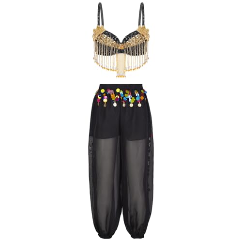 Jugaoge Damen Bauchtanz Outfit Pailletten BH Fransen Crop Top + Bloomers Baggy Pants mit Münzen Halloween Motto Party Bekleidung Schwarz Einheitsgröße von Jugaoge