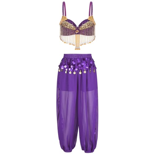 Jugaoge Damen Bauchtanz Outfit Pailletten BH Fransen Crop Top + Bloomers Baggy Pants mit Münzen Halloween Motto Party Bekleidung Violett Einheitsgröße von Jugaoge