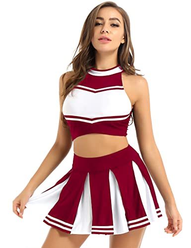 Jugaoge Damen Cheerleading Uniform Gestreift Crop Top und Faltenrock Sport Zweiteiler Tanz Kleidung Set Halloween Party Outfits Weinrot M von Jugaoge