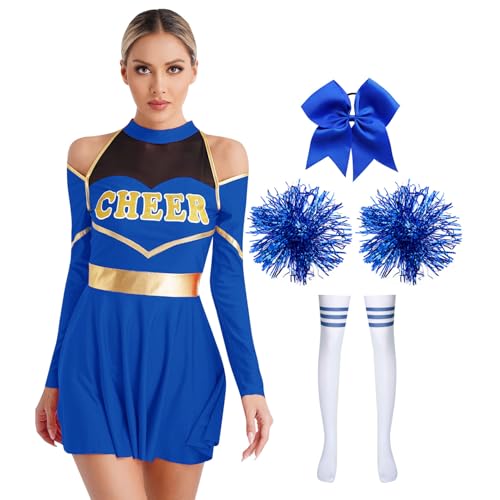 Jugaoge Damen Cheerleading Uniformen Buchstaben Druck Kleid mit Faltenrock Handblumen Bowknot Haargummi Kniestrümpfe Wettbewerb Outfits Königsblau B M von Jugaoge