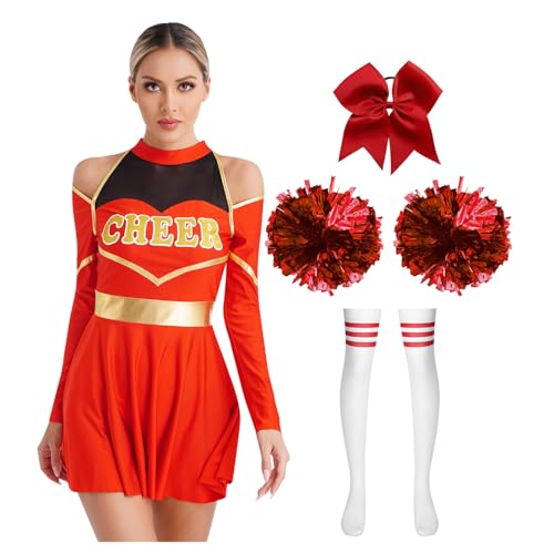 Jugaoge Damen Cheerleading Uniformen Buchstaben Druck Kleid mit Faltenrock Handblumen Bowknot Haargummi Kniestrümpfe Wettbewerb Outfits Rot A L von Jugaoge