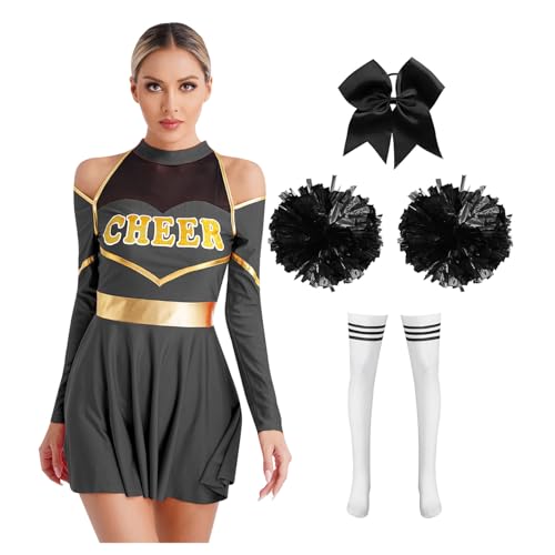 Jugaoge Damen Cheerleading Uniformen Buchstaben Druck Kleid mit Faltenrock Handblumen Bowknot Haargummi Kniestrümpfe Wettbewerb Outfits Schwarz B L von Jugaoge