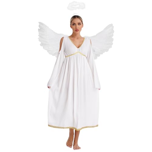 Jugaoge Damen Elfen Kostüm Weihnachtsengel Kleid Langarm Tunika Weihnachtskleider mit Feder Engelflügel und Haarreif Heiligenschein Weiß Elfenbein 3XL von Jugaoge