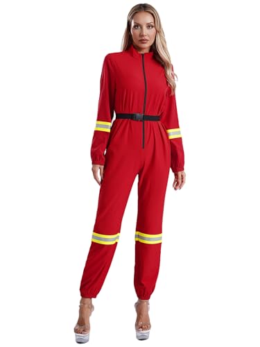 Jugaoge Damen Feuerwehrmann Kostüm Langarm Hemd und Lange Hose mit Reflektierende Streifen Ganzkörperanzug Jogginganzug Motto Party Cosplay Outfits Rot L von Jugaoge