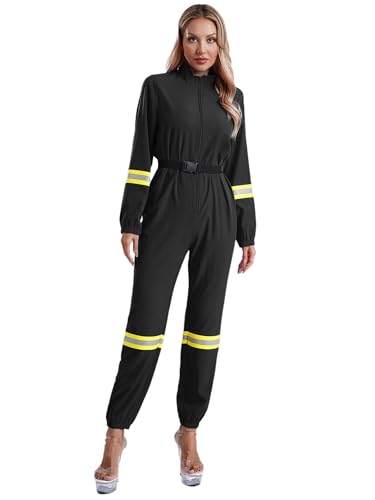 Jugaoge Damen Feuerwehrmann Kostüm Langarm Hemd und Lange Hose mit Reflektierende Streifen Ganzkörperanzug Jogginganzug Motto Party Cosplay Outfits Schwarz 3XL von Jugaoge