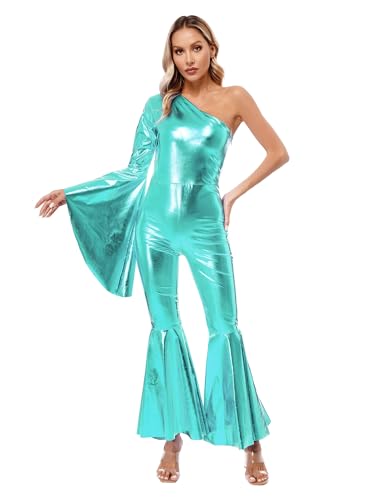 Jugaoge Damen Glänzend Jumpsuit One Shoulder Glockenärmel Overall Metallic Ganzkörperanzug mit Glockenhose Schlaghose Cheerleading Disco Hippie Outfits Blau Grün M von Jugaoge