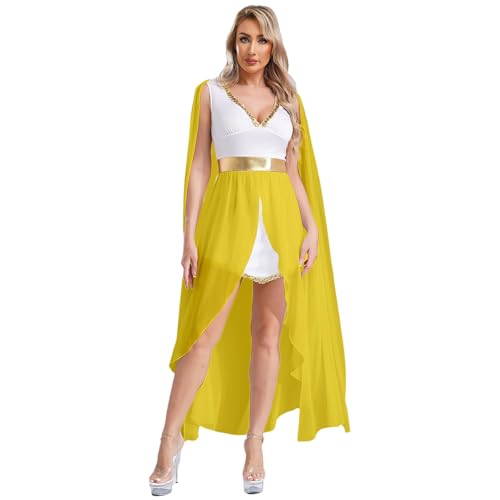 Jugaoge Damen Griechische Göttin Kostüm Farblock Midikleid Römische Toga Königin Cosplay Uniformen Goldene Gürtel Weihnachten Engel Outfits Gelb S von Jugaoge