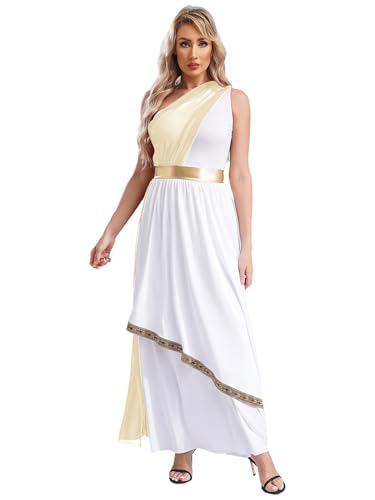 Jugaoge Damen Griechische Göttin Kostüm One Shoulder Midi Toga Kleid mit Faltenrock Römerin Cosplay Uniform Weihnachten Party Outfits Champagner XXL von Jugaoge